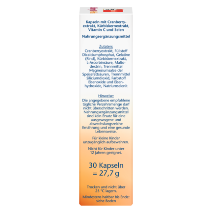 Illustration of the product packaging Doppelherz aktiv Cranberry + Kürbis side view right