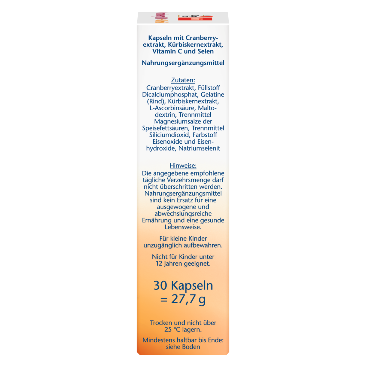 Illustration of the product packaging Doppelherz aktiv Cranberry + Kürbis side view right