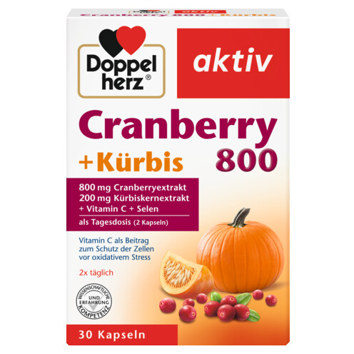 Illustration of the product packaging Doppelherz aktiv Cranberry + Kürbis front view