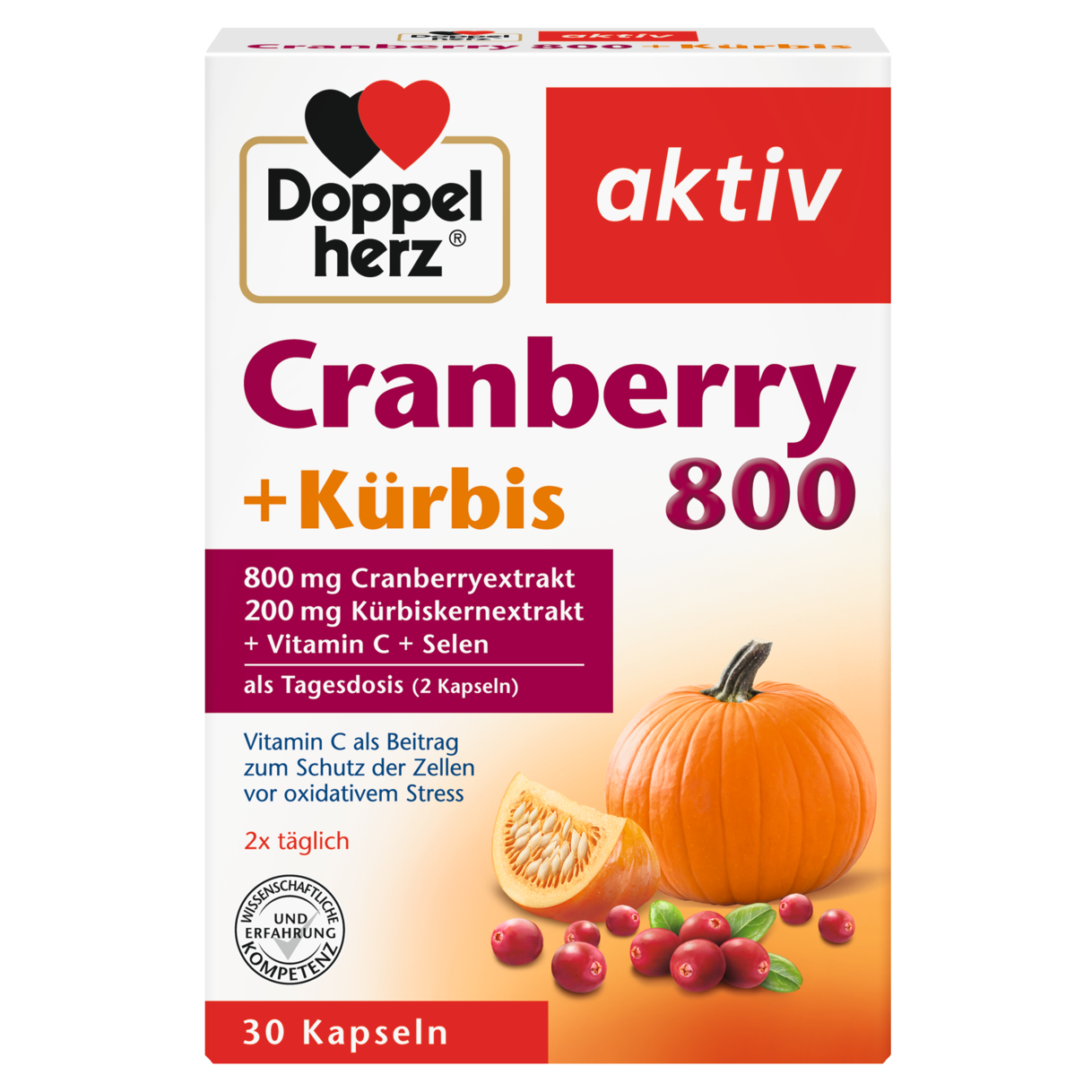 Illustration of the product packaging Doppelherz aktiv Cranberry + Kürbis front view