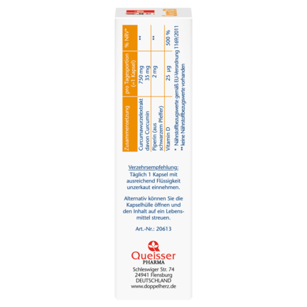 Illustration of the product packaging Doppelherz aktiv Куркума 750 side view left