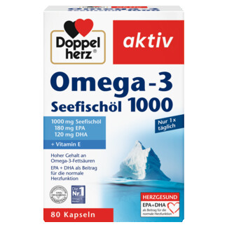 Illustration of the product packaging Doppelherz aktiv Omega-3 Seefischöl 1000 front view