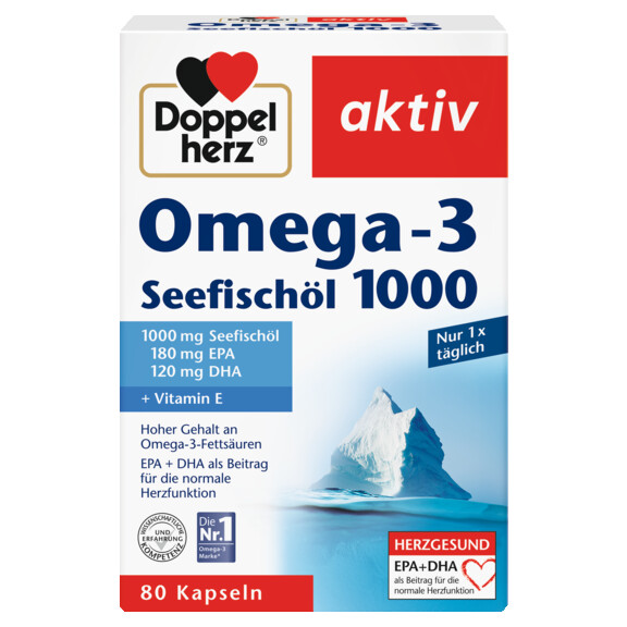 Illustration of the product packaging Doppelherz aktiv Omega-3 Seefischöl 1000 front view