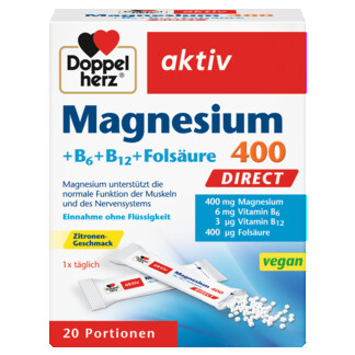 Illustration of the product packaging Doppelherz aktiv Magnesium 400 DIRECT front view