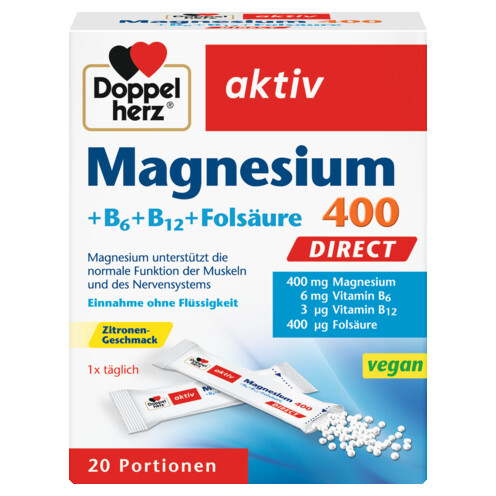 Illustration of the product packaging Doppelherz aktiv Magnesium 400 DIRECT front view
