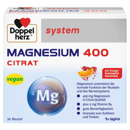 Illustration of the product packaging Doppelherz system МАГНЕЗИУМ ЦИТРАТ 400 front view